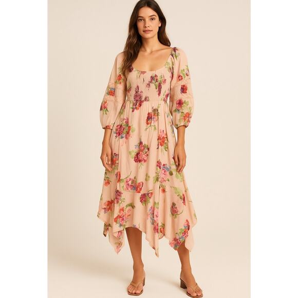 Morning Glory Smocked Floral Maxi Dress Pink M NWT - Picture 1 of 14